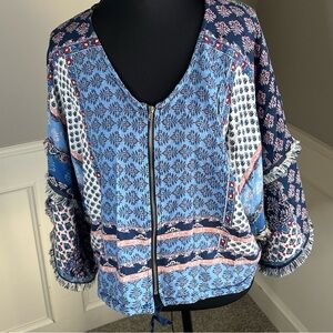 Women’s Bohemian Blue Patchwork Cropped Jacket Boho Chic Size medium